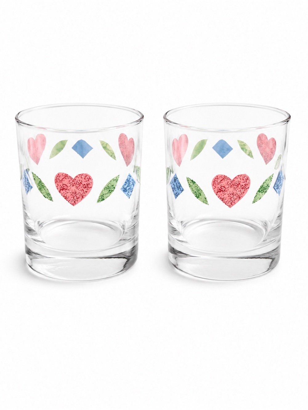 Set of 2 Vintage Clear Glass Lowball Rocks Glasses Heart FolkArt Pattern Barware